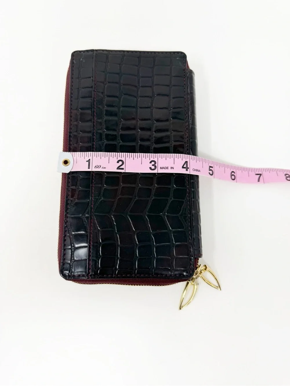 Tusk Croc Embossed Leather Double Zip Around Continental Wallet Burgundy